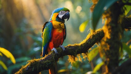 Colorful parrot perched on a branch in lush tropical rainforest at sunrise