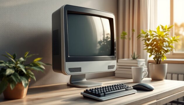 Vintage Computer Setup in Sunlit Home Office Workspace