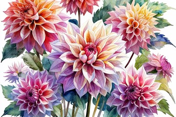 Fototapeta premium Intricate Watercolor Dahlia Flower Designs for Invitations and Greeting Cards