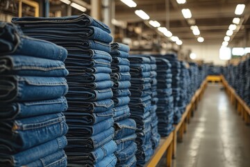 Stacks of folded jeans filling warehouse shelves in distribution center