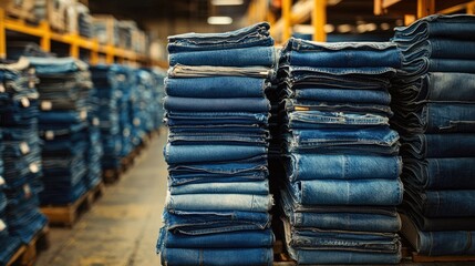 Stacks of folded jeans filling warehouse shelves displaying denim abundance