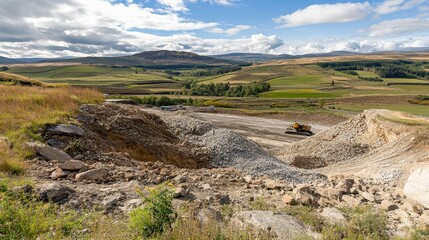 Scenic view of a gravel quarry with machinery at work amidst rolling green hills under a blue sky