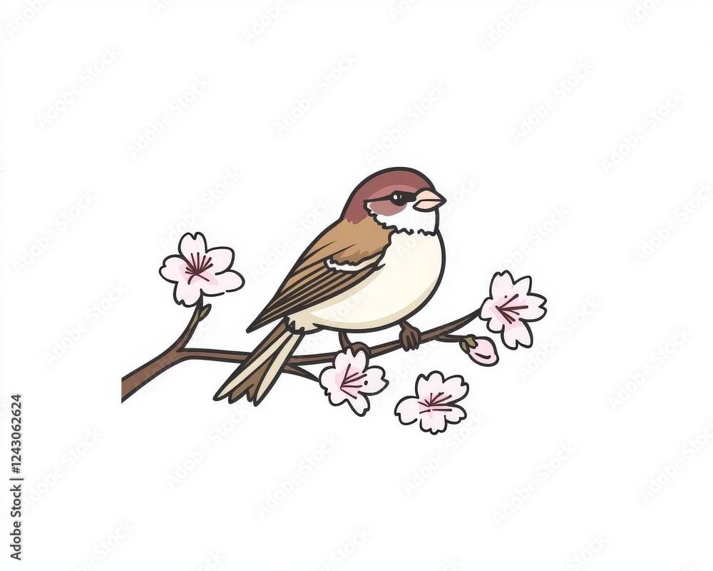 Poster a tiny bird sits on a flowering tree branch.