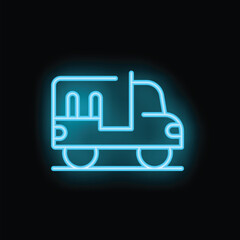 Blue neon sign of a delivery truck glowing on a black background