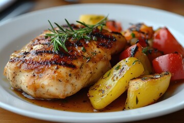 Grilled chicken breast with colorful vegetables