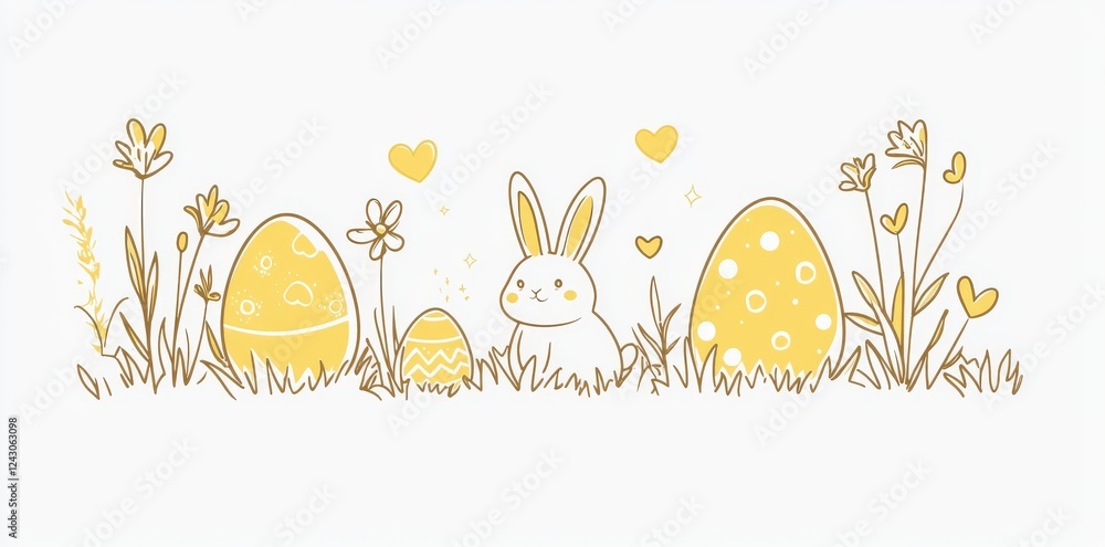 Poster abstract bunnies are drawn on a background of eggs in a single continuous line.