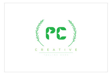 PC letters eco logo with leaf. Fresh nature and healthy leaf logo design.
