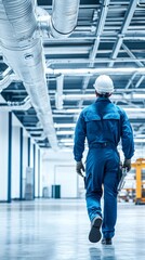 Obraz premium Commercial plumber installing pipes, with a focus on the selective area, in a copy space of a commercial plumbing office building