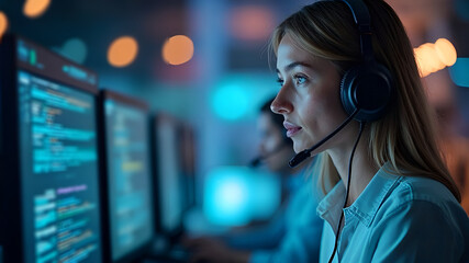 Woman with headphone, Call centre analyses agent and customer service satisfaction concept, 300dpi, 3d illustration