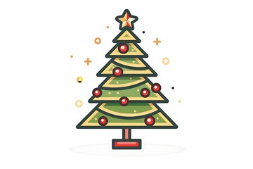 Clean linear icon of a Christmas tree with red and gold ornaments, simple lines, minimalistic and elegant design,.