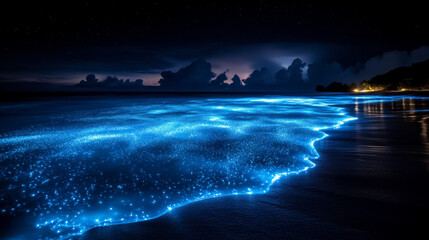 Fototapeta premium Bioluminescent waves light night beach, blue glow, magical ocean wonder. Starlight sky dark sea nature coast nighttime marine scenic beauty.