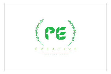 PE letters eco logo with leaf. Fresh nature and healthy leaf logo design.