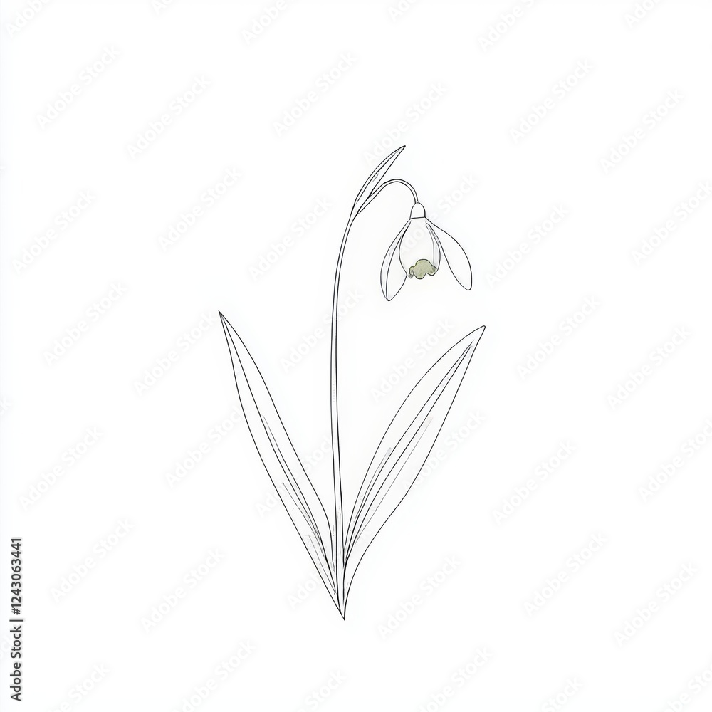 Poster a continuous line art drawing style featuring snowdrops in bloom. a sketch of snowdrops in a line. c