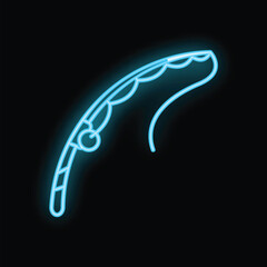 Bright blue neon sign depicting a fishing rod on black background