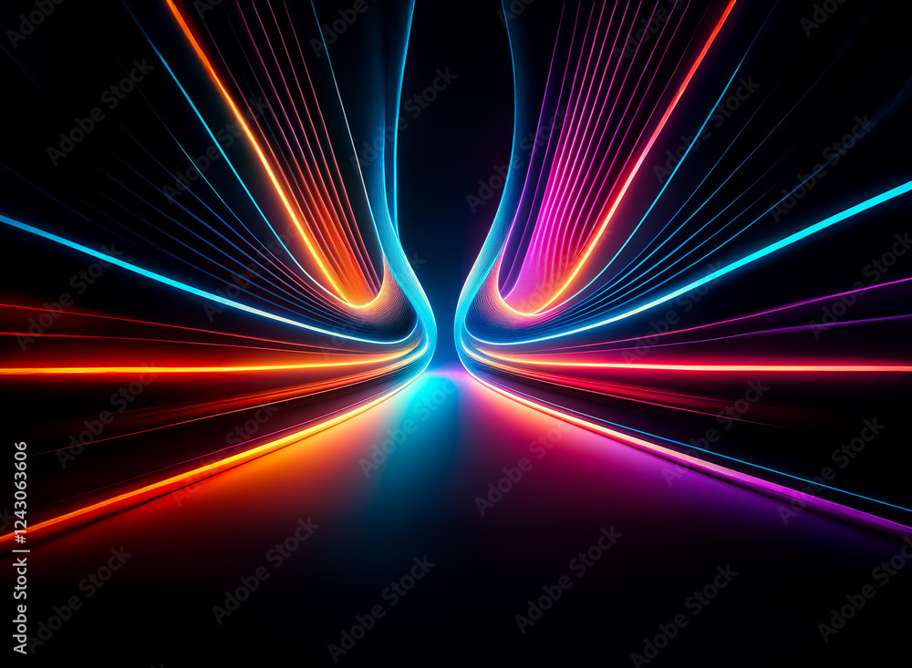 Poster vibrant neon light streaks converge on a dark background, creating a dynamic and futuristic abstract