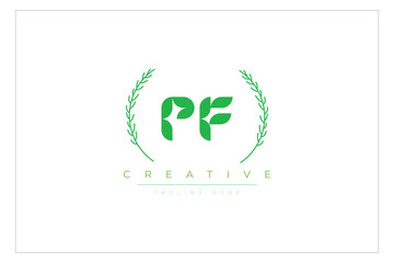 PF letters eco logo with leaf. Fresh nature and healthy leaf logo design.