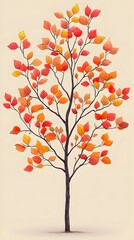 A vibrant illustration of a tree adorned with autumn leaves in shades of orange and red, set against a soft, neutral background that enhances its colorful features.