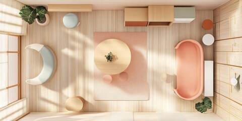 Minimalist Living Room Design Featuring Pastel Tones and Wood Accents