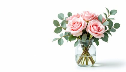 Beautiful arrangement of soft pink roses in clear glass vase with green eucalyptus leaves Flowers are elegantly displayed, with large white space on left making it suitable for an advertising banner
