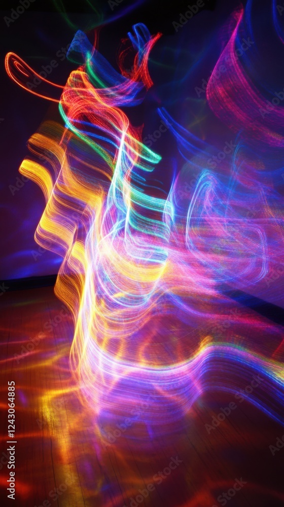 Poster dynamic neon waves creating swirling patterns, bright motion. vertical