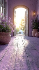 A beautifully lit doorway adorned with blooming flowers, casting warm sunlight into a serene purple-hued corridor, creating a welcoming and tranquil atmosphere.
