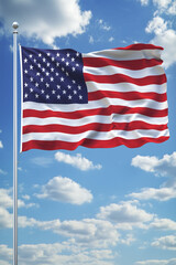 American flag waving against a blue sky