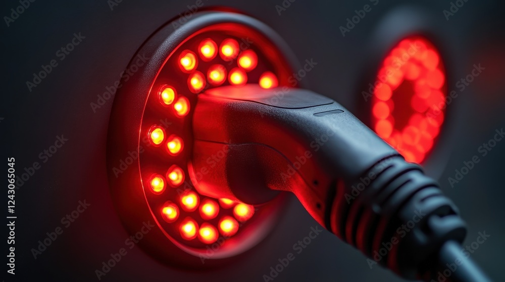 Aufkleber close-up of a charging plug connected to a socket with glowing red lights in a dim setting