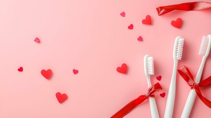 toothbrushes tied with a gift ribbon and hearts