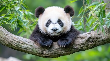 Obraz premium Adorable panda cub on branch, lush green foliage background, wildlife conservation image