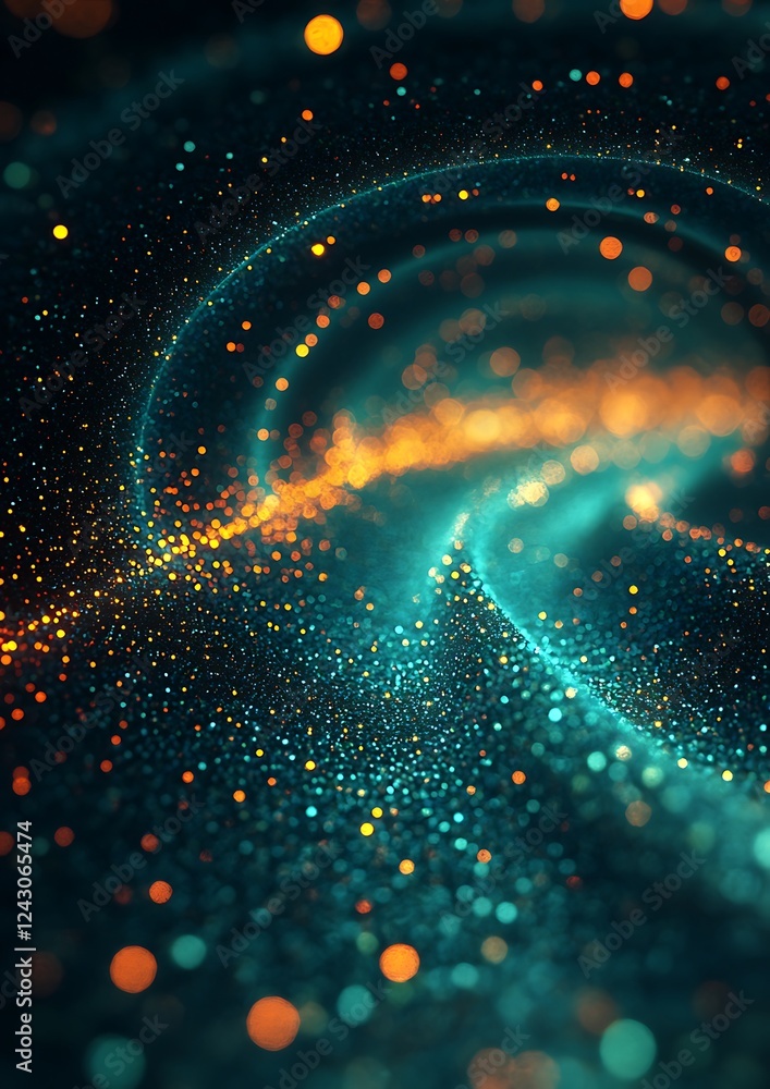 Poster venture into the depths of a dark green and blue glowing grainy gradient background. this noise text