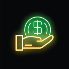 Obraz premium Neon sign of a hand holding a dollar coin, representing savings, investment, and financial success