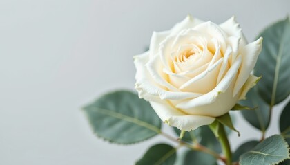 Fototapeta premium White rose with delicate petals and green leaves on light background Flower arrangement for flower shops and gift boutiques