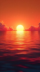A breathtaking sunset over calm ocean waters, the sun casts a warm golden hue across the horizon, while soft clouds reflect shades of orange and pink.