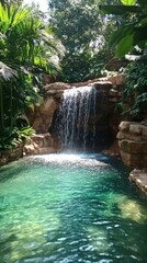 Naklejka premium Waterfall cascading into a lush green pool, refreshing nature scene. Vertical