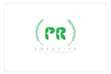 PR letters eco logo with leaf. Fresh nature and healthy leaf logo design.