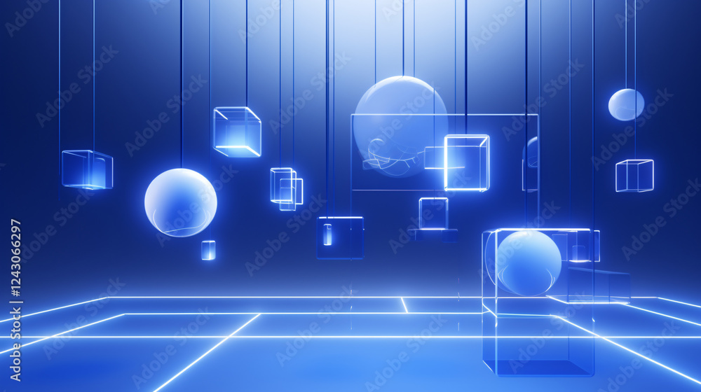 Poster Abstract 3D blue shapes of different sizes floating, creating a dynamic technology background for a website banner.

