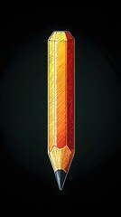 A vibrant orange-yellow colored pencil with a sharp graphite tip stands vertically against a black background, showcasing its sleek design and artistic potential.
