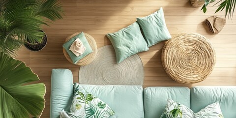 Tropical Living Room Decor With Mint Green Couch And Woven Accents