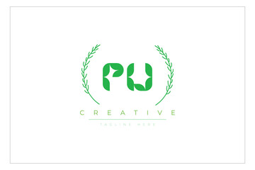 PU letters eco logo with leaf. Fresh nature and healthy leaf logo design.