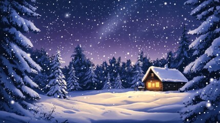 Fototapeta premium A serene winter scene featuring a cozy cabin surrounded by snow-covered trees and falling snow.