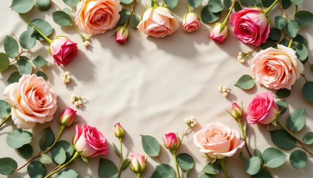 Beautiful arrangement of pink and peach roses forming heart shape on fabric background with lush green leaves Romantic touch for flower shops, event planners and wedding services