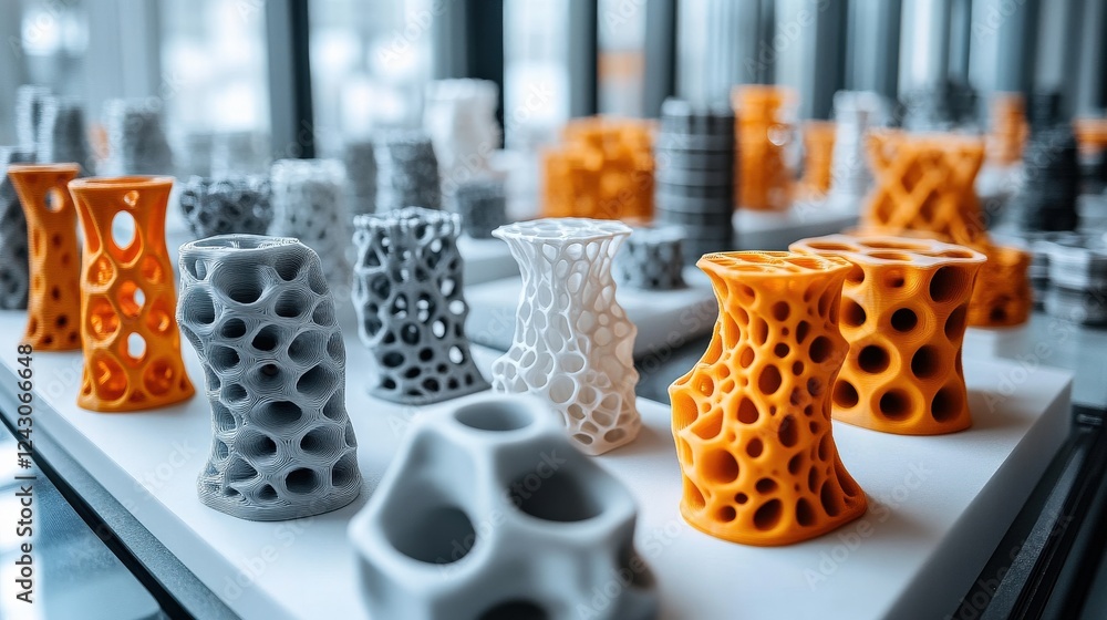 Aufkleber colorful 3d-printed vases displayed on a table in a modern design studio with natural light