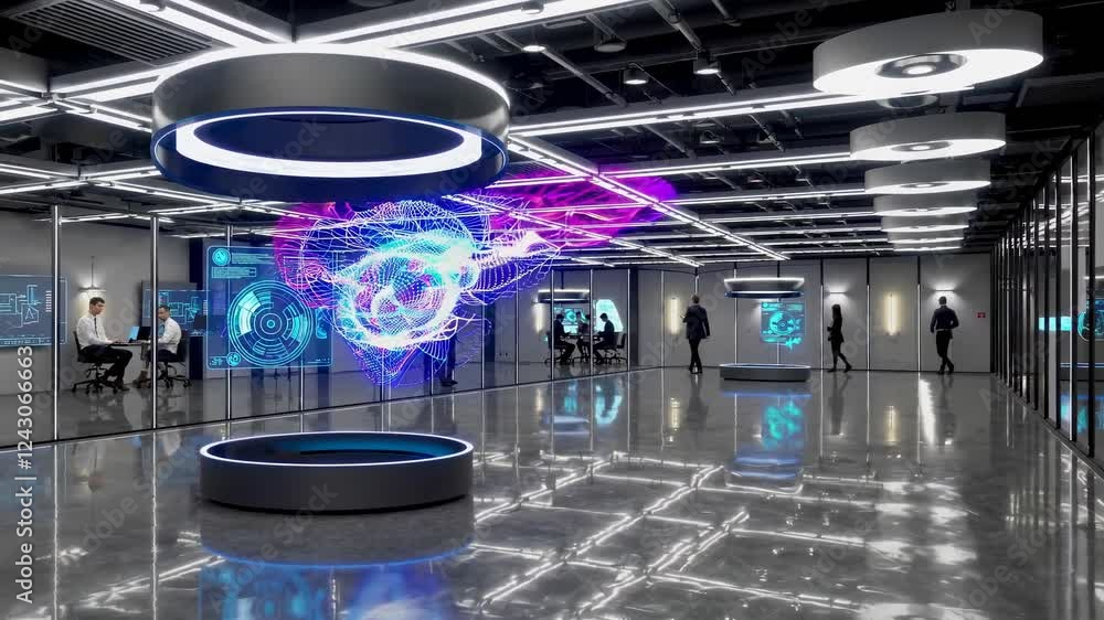 Poster modern tech workspace showcasing digital innovation and collaborative environments with advanced dis