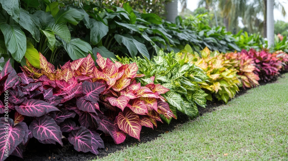 Poster a row of healthy perennial plants growing in a well-maintained garden with a soft, clear background 