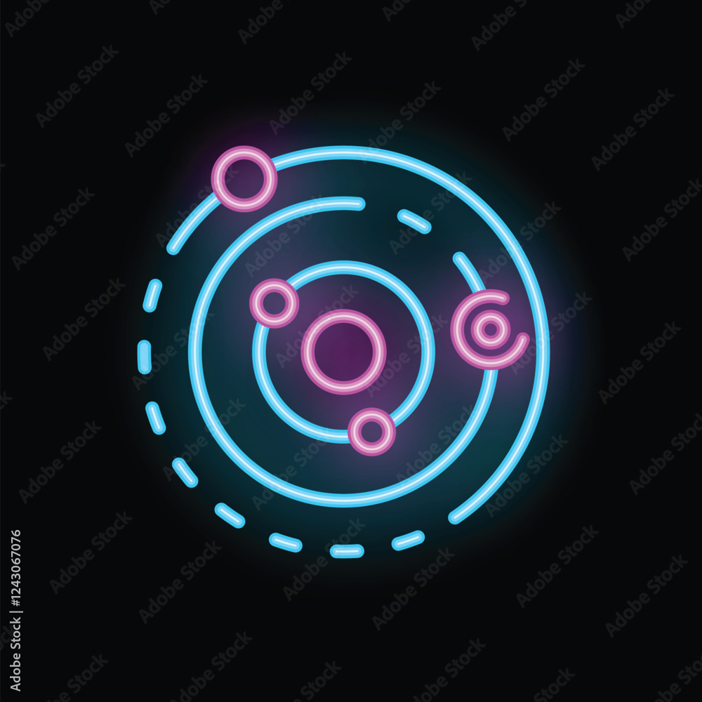 Poster neon solar system icon representing planets orbiting a star with a bright glowing effect on a black 