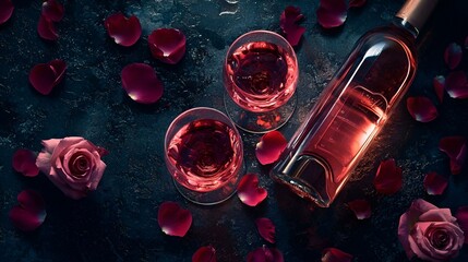 Two glasses with rose petals and a bottle