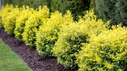 Obraz premium A row of healthy perennial plants growing in a well-maintained garden with a soft, clear background to add design elements.