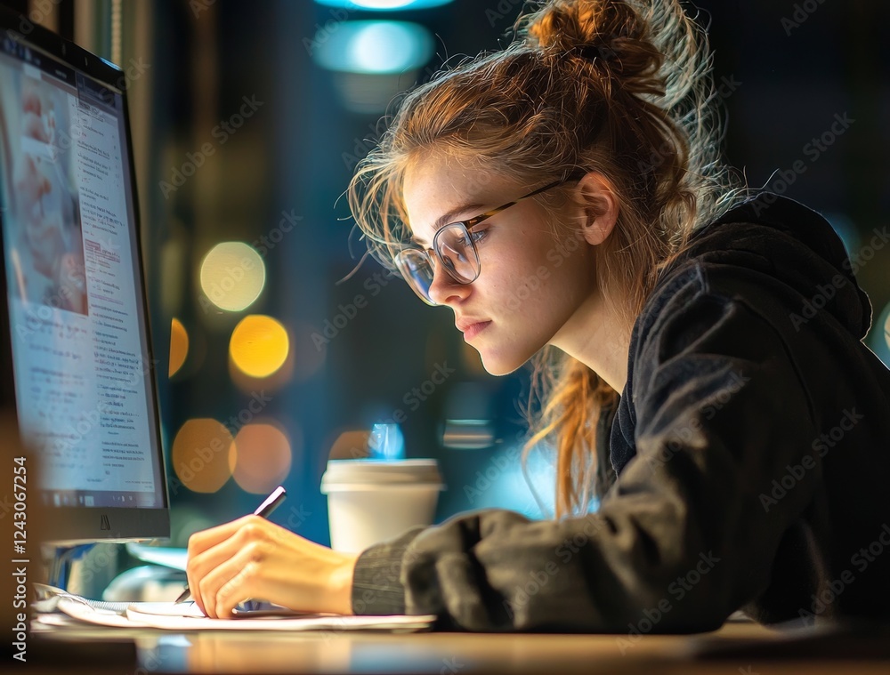Poster a woman at her office desk is involved in web development, coding or programming late into the night