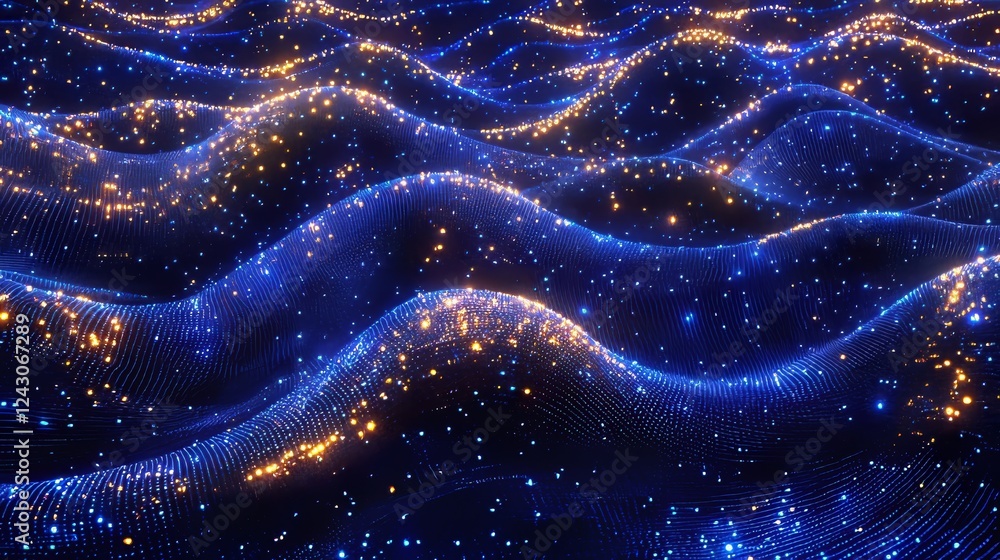 Poster a high-tech, futuristic design with undulating waves and shimmering lights, featuring a digital abst