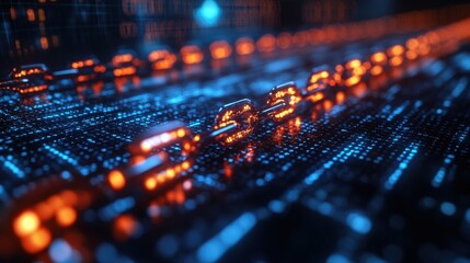 Abstract digital landscape featuring glowing orange and blue data streams with futuristic elements